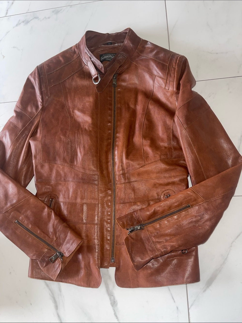 Women's Chestnut Leather Moto Jacket with Stand Collar